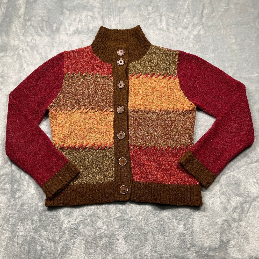 Dressbarn Cardigan Sweater Womens Brown Red Colorblock Silk Blend Mock Neck L